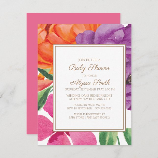 Invitation Baby shower Floral orange violet rose (Devant / Derrière)
