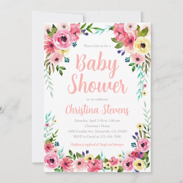 Invitation  Baby Shower Floral Pailleté (Devant)