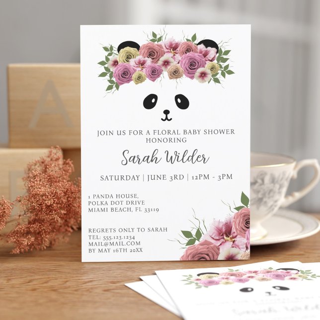 Invitation Baby shower floral Panda Ours thème mignonne fille (A pretty panda baby shower invitation just for you)
