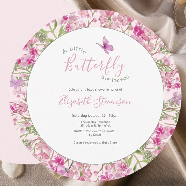 Invitation Baby Shower Floral Papillon Rose et Vert (Créateur téléchargé)