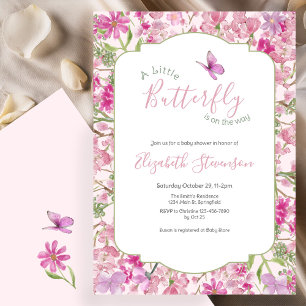 Invitation Baby Shower Floral Papillon Vert et Rose