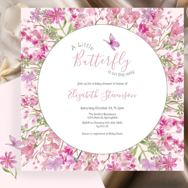 Invitation Baby Shower Floral Papillon Vert et Rose (Créateur téléchargé)
