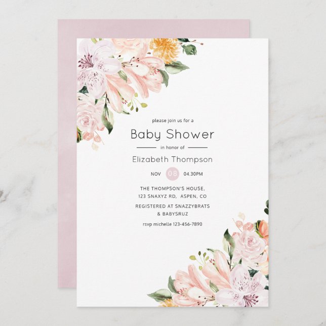 Invitation Baby shower floral Pastel (Devant / Derrière)