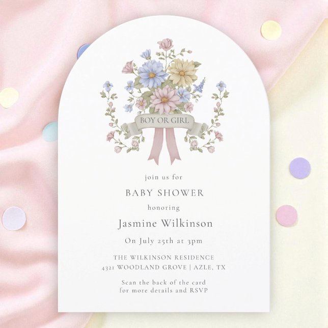 Invitation Baby shower floral pastel blanc code QR (Créateur téléchargé)
