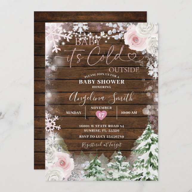 Invitation Baby shower Floral Pastel Rose Snowflake Wood (Devant / Derrière)