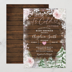 Invitation Baby shower Floral Pastel Rose Snowflake Wood