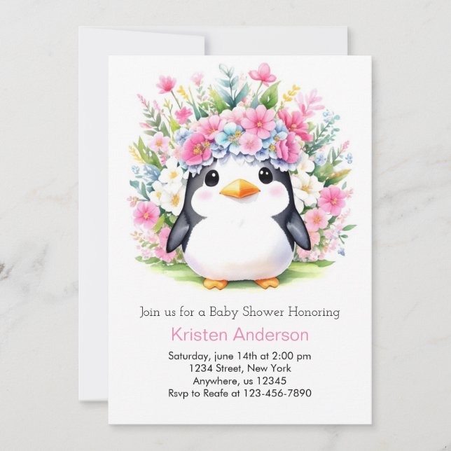 Invitation Baby shower Floral Pingouin rose mou (Devant)