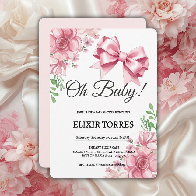 Invitation Baby shower Floral Pink Bow (Créateur téléchargé)