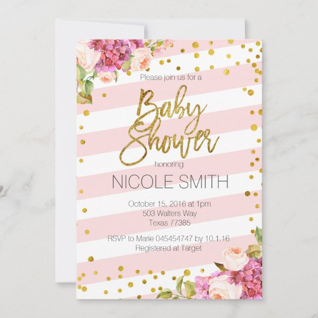 Invitation baby shower Floral Pink Gold (Devant)