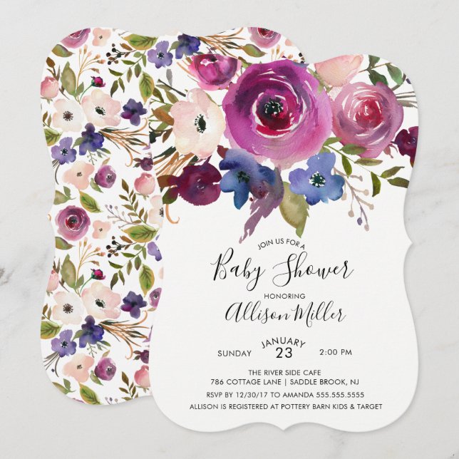 Invitation Baby shower Floral Plum bleu moderne (Devant / Derrière)