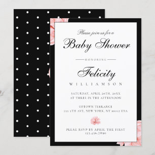 Invitation Baby shower floral Pois blanc noir élégant