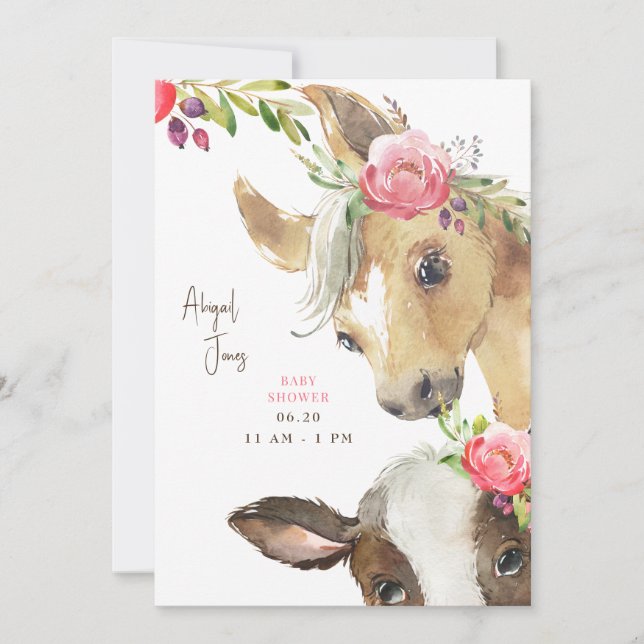 Invitation Baby shower Floral Pony & Cow II (Devant)