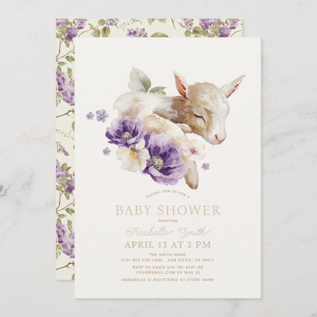 Invitation Baby shower floral pourpre de chèvre de bébé (Devant / Derrière)