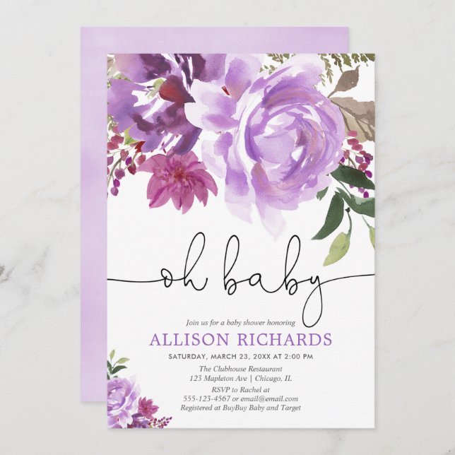 Invitation Baby shower floral pourpre de fille, ressort d'été (Devant / Derrière)