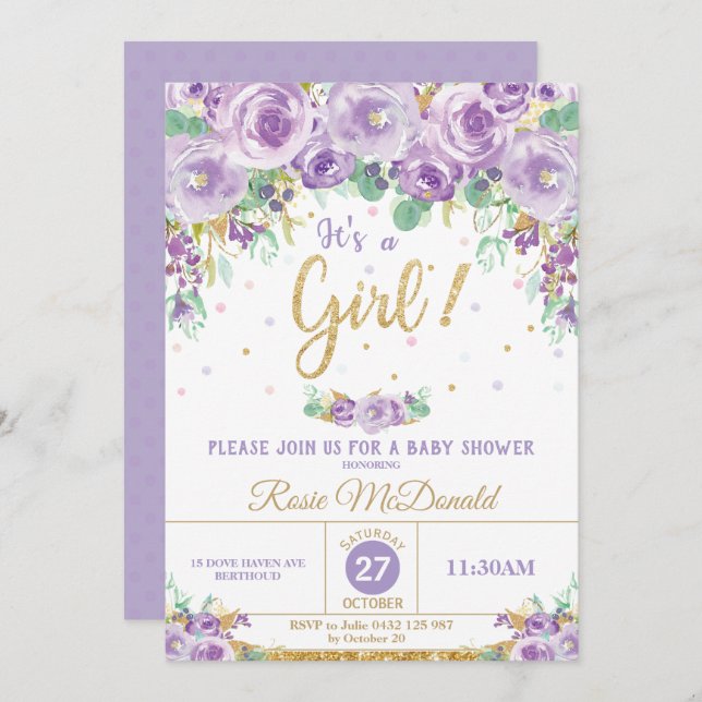 Invitation Baby shower floral pourpre de fleurs c'est une (Devant / Derrière)