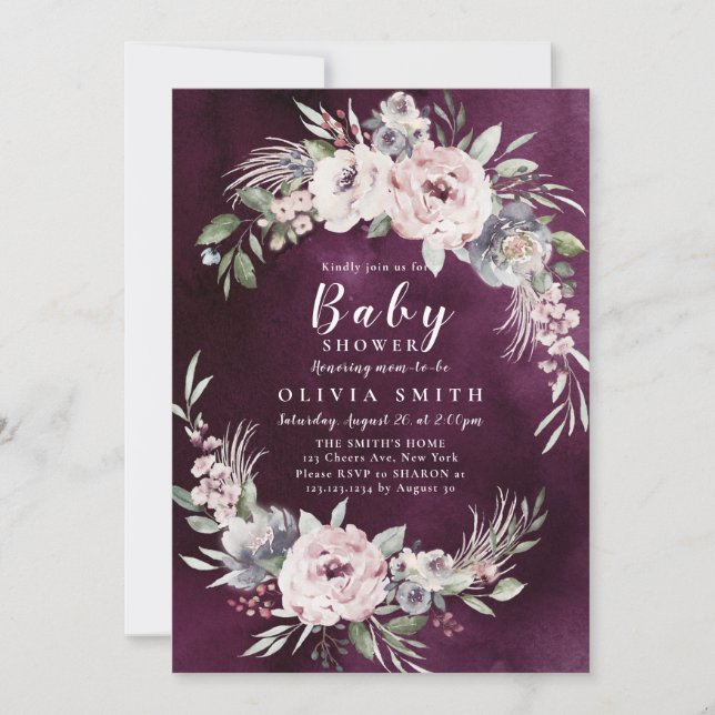Invitation Baby shower floral prune et boho rose poussiéreux (Devant)