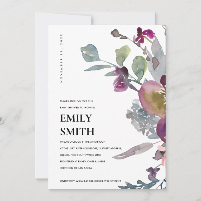 INVITATION BABY SHOWER FLORAL PURPLE LILAC DOUX (Devant)