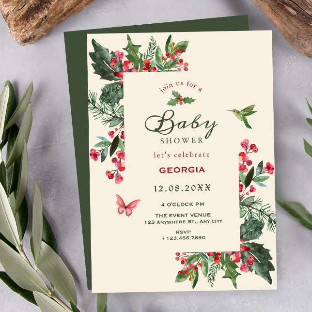 Invitation Baby shower floral ramée de baies (Créateur téléchargé)