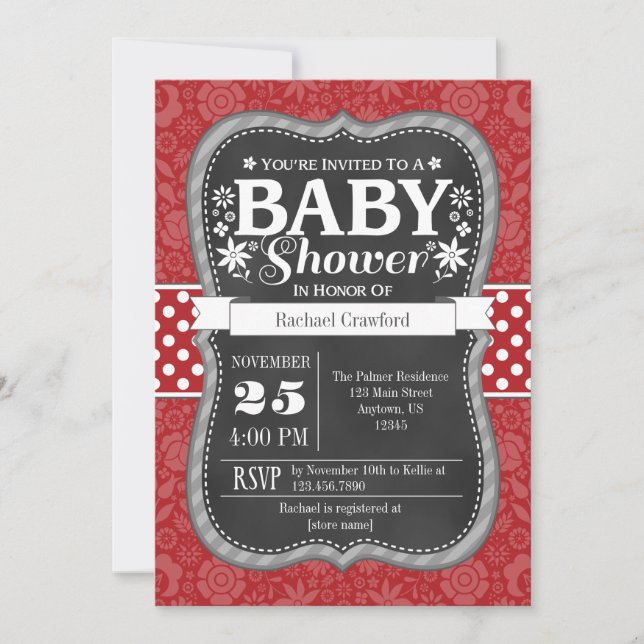 Invitation Baby shower Floral Red Chalkboard (Devant)