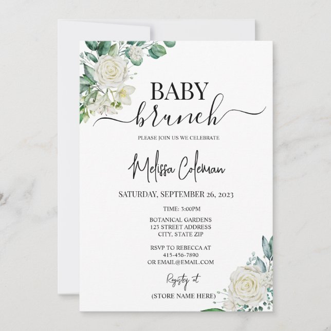 Invitation Baby shower Floral Rose blanche (Devant)