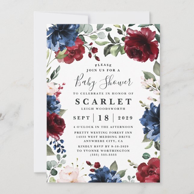 Invitation Baby shower floral rose bleu marine Bourgogne (Devant)