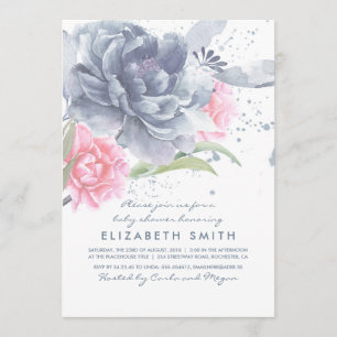 Invitation Baby shower floral rose bleu poussiéreux