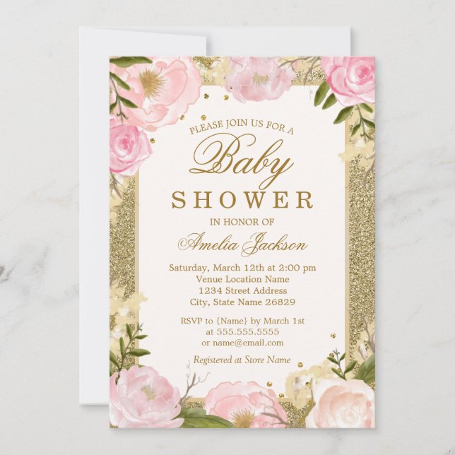 Invitation Baby shower floral rose brillant (Devant)
