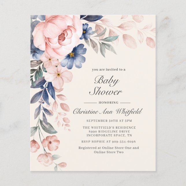 Invitation Baby shower Floral Rose Budget (Devant)