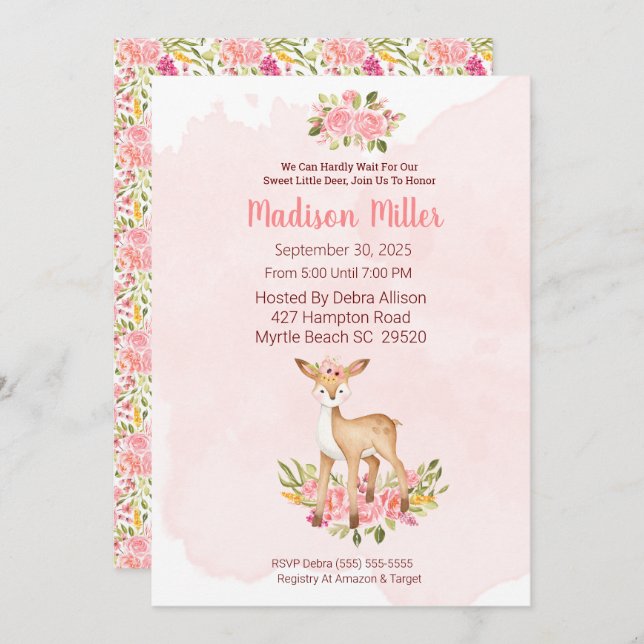 Invitation Baby shower floral rose cerf de bois Invitati (Devant / Derrière)