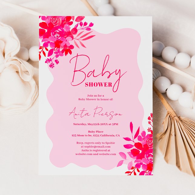 Invitation Baby shower floral rose chaud (Hot pink wavy frame red pink floral baby shower invitation)