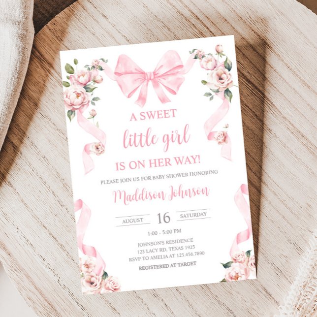 Invitation Baby shower floral rose Coquette Bow (Pink Coquette Floral Sweet Little Girl Baby Shower Invitation)