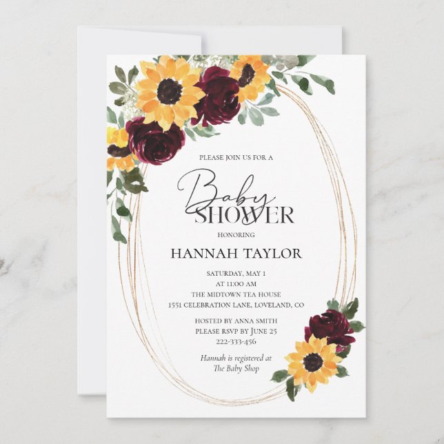 Invitation Baby shower floral Rose de Bourgogne (Devant)