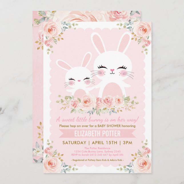Invitation Baby shower floral rose de fille de lapin/lapin (Devant / Derrière)
