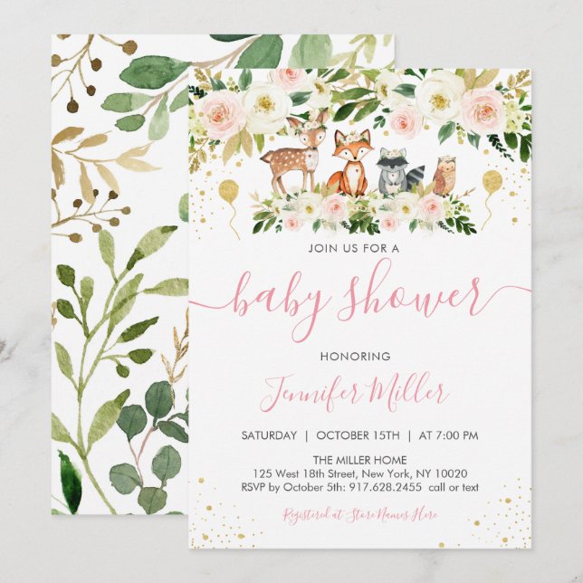 Invitation Baby shower floral rose de Woodland Girl (Devant / Derrière)