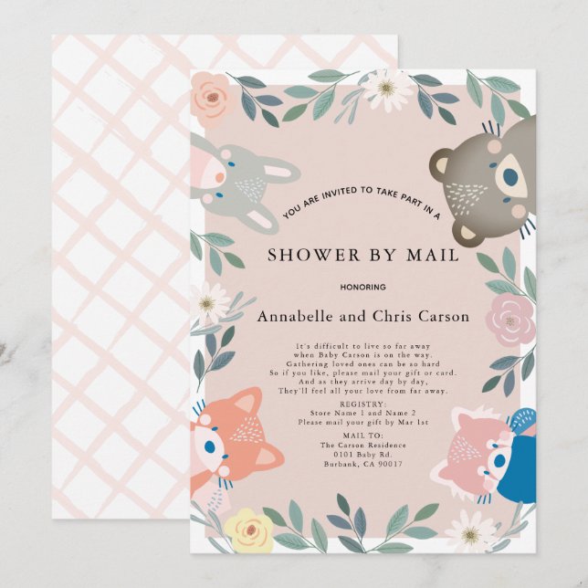 Invitation Baby shower floral rose des animaux de bois par co (Devant / Derrière)