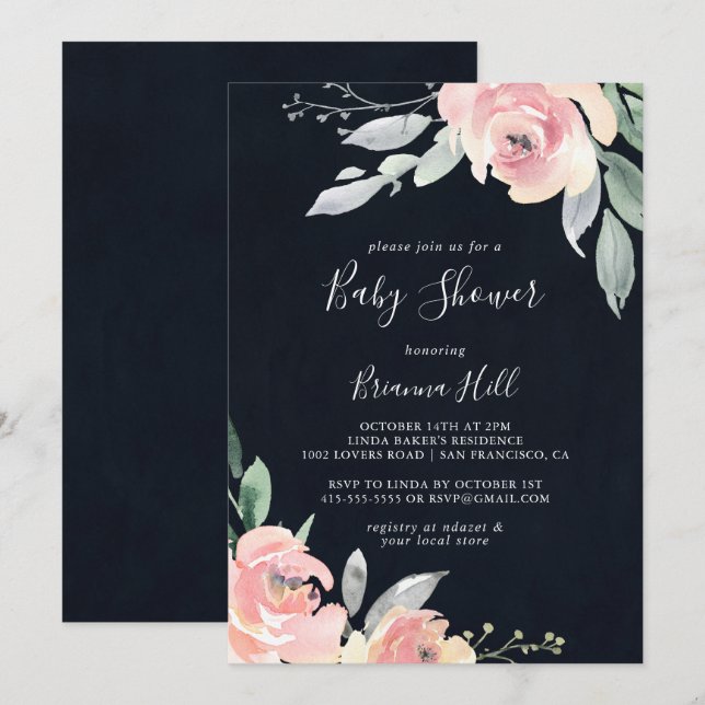 Invitation Baby shower floral rose élégant (Devant / Derrière)