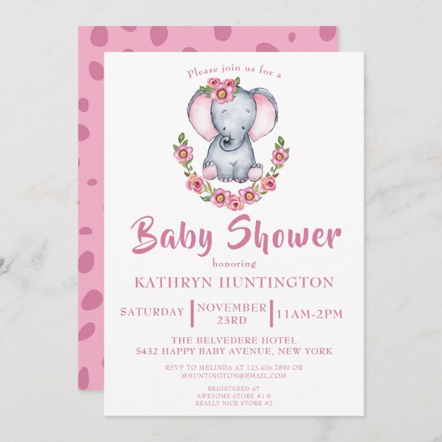 Invitation Baby shower Floral rose Eléphant mignon (Devant / Derrière)