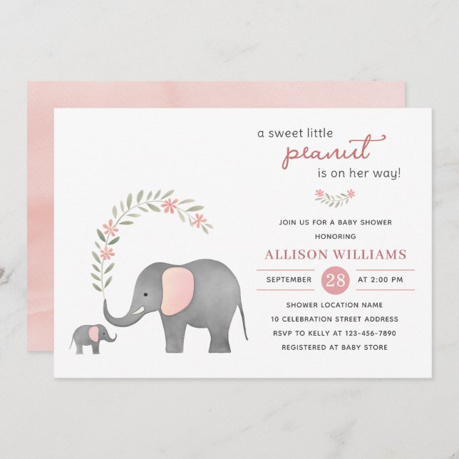 Invitation Baby shower floral rose éléphant moderne fille (Devant / Derrière)