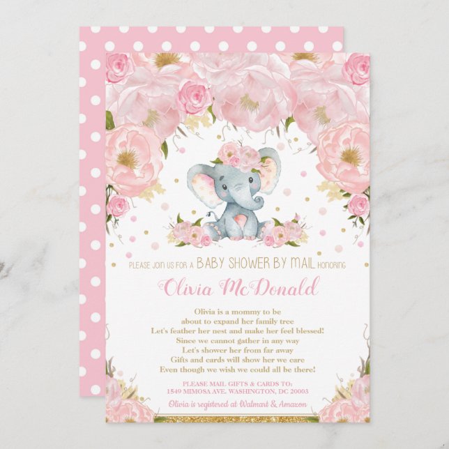 Invitation Baby shower floral rose éléphant par Mail Girl (Devant / Derrière)