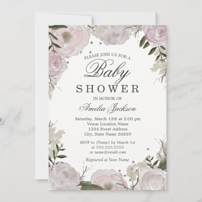 Invitation Baby shower floral rose en argent (Devant)