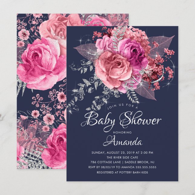 Invitation Baby shower floral rose et argenté Navy (Devant / Derrière)