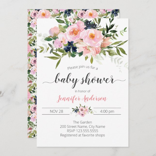 Invitation Baby shower Floral rose et bleu (Devant / Derrière)