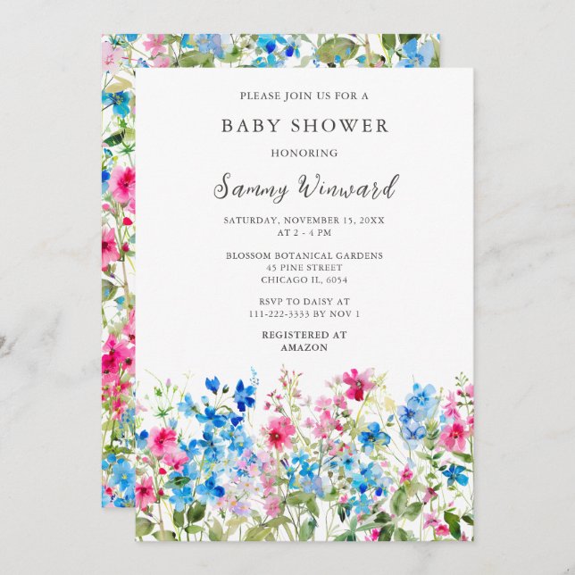 Invitation Baby shower floral rose et bleu fleur sauvage (Devant / Derrière)