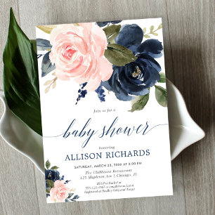 Invitation Baby shower floral rose et bleu marine