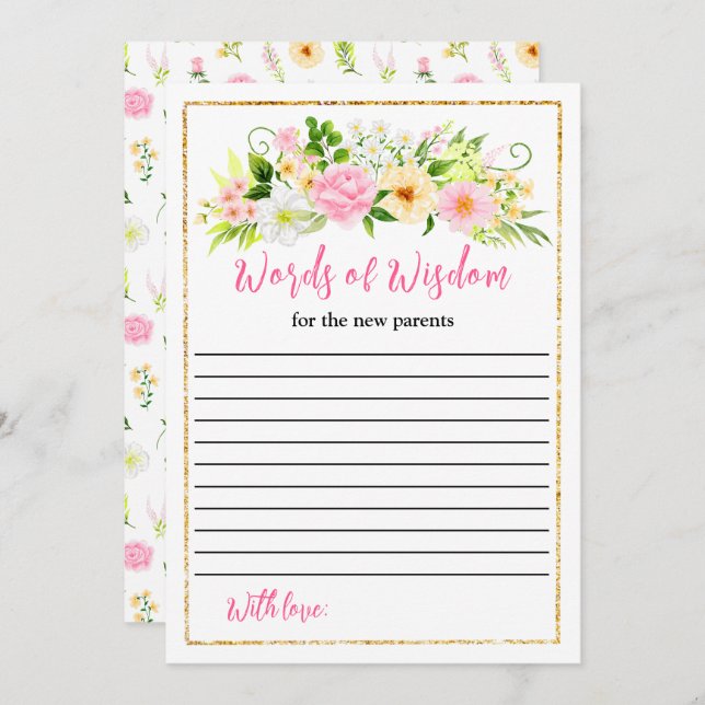 Invitation Baby shower Floral rose et jaune Mots de sagesse (Devant / Derrière)