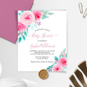 Invitation Baby shower floral rose et menthe Budge