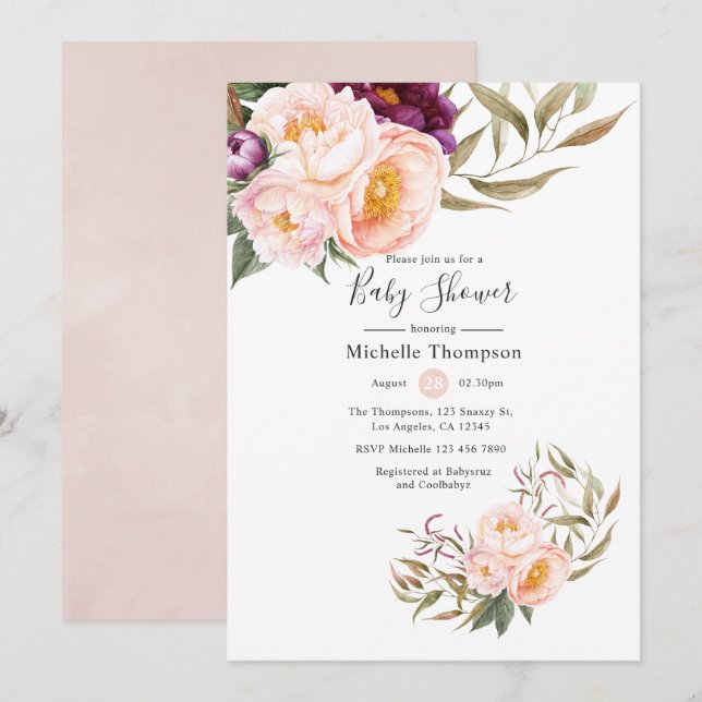Invitation Baby Shower Floral Rose et prune (Devant / Derrière)