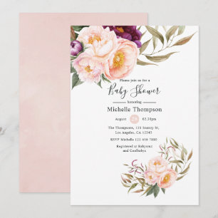 Invitation Baby Shower Floral Rose et prune