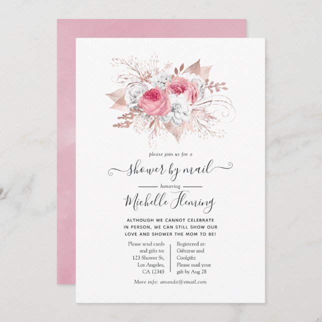 Invitation Baby shower Floral rose et Rose or par courrier (Devant / Derrière)