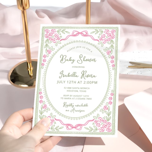 Invitation Baby shower floral rose et vert  (Créateur téléchargé)